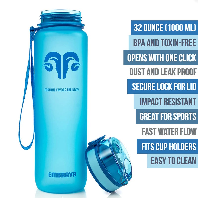 Embrava Best Sports Water Bottle - 32oz - Spill Proof & Lightweight - Perfect for Fitness & Outdoor Activities - Reusable Plastic - Narrow Mouth, Quart Sized - One-Click Water Bottle - Blue - Image 5